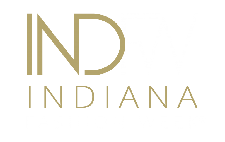 logo of INDFW. The letters IND in gold and FW in white, on top of the words Indiana in gold and Fashion Week in white underneath.